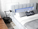 Pat dormitor dumonde, tapitat gri cu LED si USB, Palermo 160x200 cm, somiera rabatabila inclusa, spatiu depozitare WLS