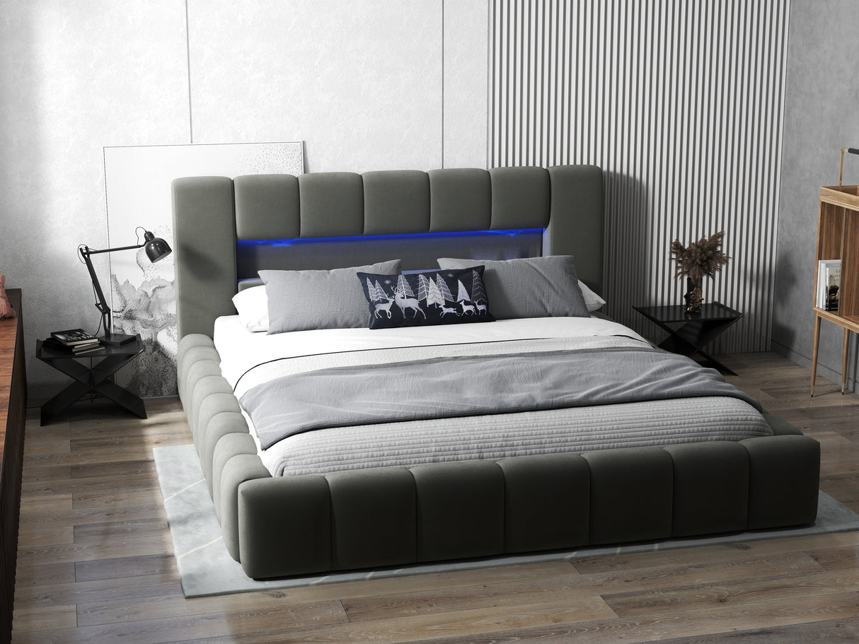 Pat dormitor dumonde, tapitat gri cu LED si USB, Palermo 160x200 cm, somiera rabatabila inclusa, spatiu depozitare WLS