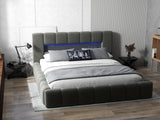 Pat dormitor dumonde, tapitat gri cu LED si USB, Palermo 160x200 cm, somiera rabatabila inclusa, spatiu depozitare WLS