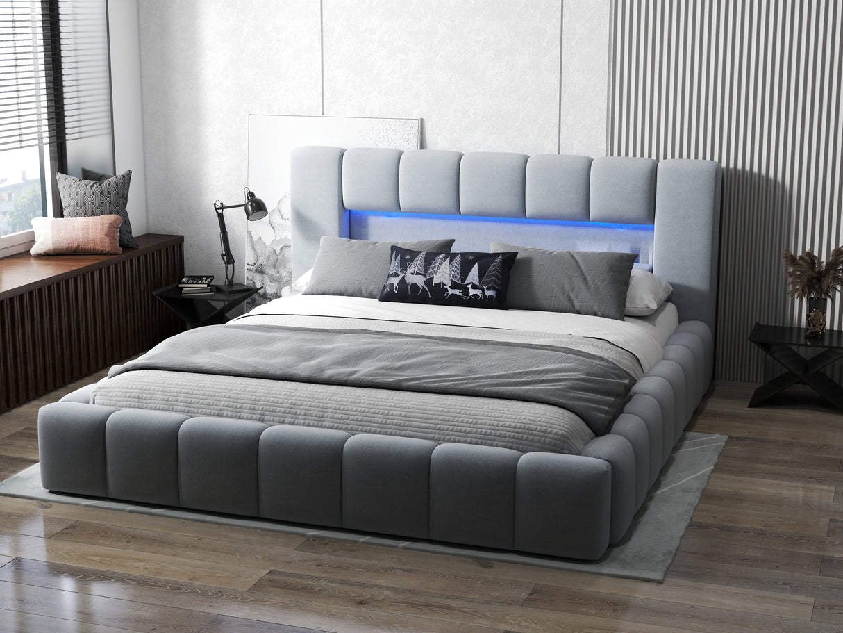 Pat dormitor dumonde, tapitat gri cu LED si USB, Palermo 160x200 cm, somiera rabatabila inclusa, spatiu depozitare WLS