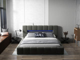 Pat dormitor dumonde, tapitat gri cu LED si USB, Palermo 160x200 cm, somiera rabatabila inclusa, spatiu depozitare WLS