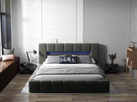 Pat dormitor dumonde, tapitat gri cu LED si USB, Palermo 160x200 cm, somiera rabatabila inclusa, spatiu depozitare WLS