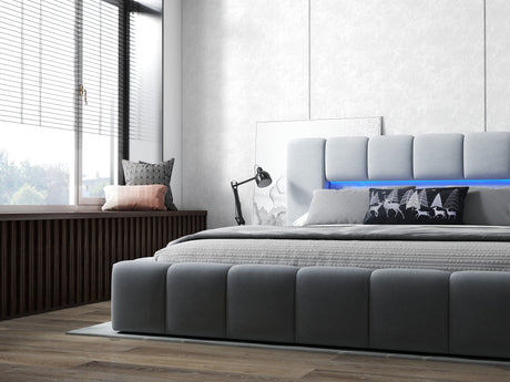 Pat dormitor dumonde, tapitat gri cu LED si USB, Palermo 180x200 cm, somiera rabatabila inclusa, spatiu depozitare WLS
