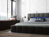 Pat dormitor dumonde, tapitat gri cu LED si USB, Palermo 160x200 cm, somiera rabatabila inclusa, spatiu depozitare WLS