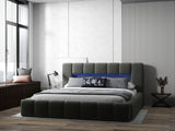Pat dormitor dumonde, tapitat gri cu LED si USB, Palermo 160x200 cm, somiera rabatabila inclusa, spatiu depozitare WLS