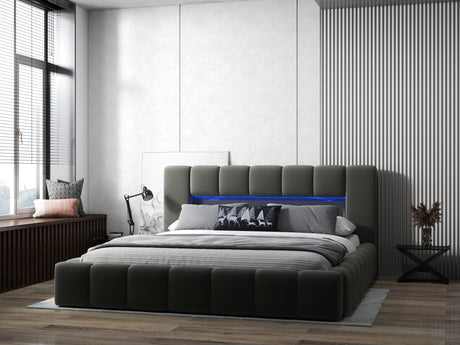 Pat dormitor dumonde, tapitat gri cu LED si USB, Palermo 160x200 cm, somiera rabatabila inclusa, spatiu depozitare WLS