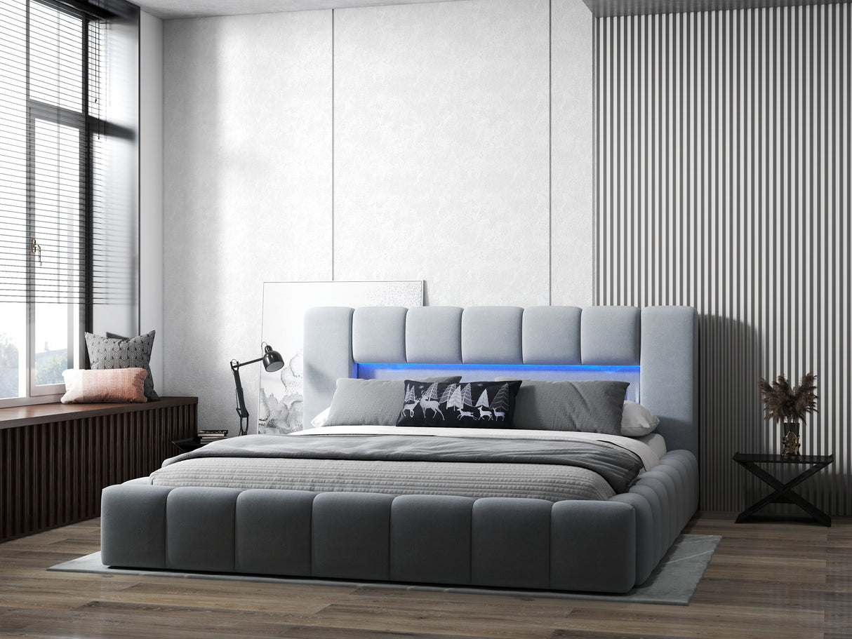 Pat dormitor dumonde, tapitat gri cu LED si USB, Palermo 180x200 cm, somiera rabatabila inclusa, spatiu depozitare WLS