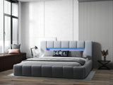 Pat dormitor dumonde, tapitat gri cu LED si USB, Palermo 180x200 cm, somiera rabatabila inclusa, spatiu depozitare WLS