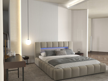 Pat dormitor dumonde, tapitat bej cu LED si USB, Palermo 180x200 cm, somiera rabatabila inclusa, spatiu depozitare WLS