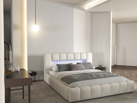 Set Pat dormitor dumonde, tapitat gri cu LED si USB, Palermo 160x200 cm, somiera rabatabila inclusa, spatiu depozitare + saltea