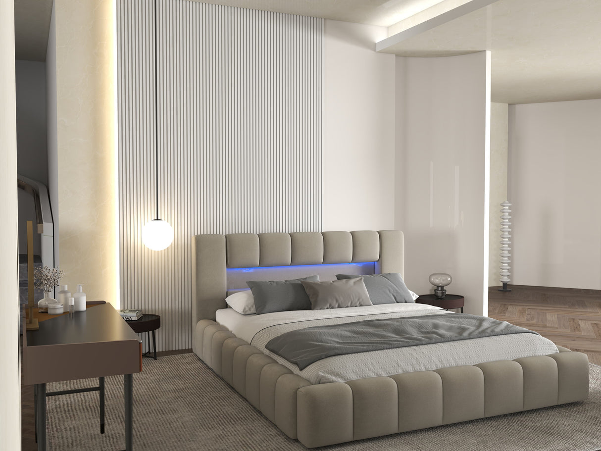 Set Pat dormitor dumonde, tapitat bej cu LED si USB, Palermo 180x200 cm, somiera rabatabila inclusa, spatiu depozitare + saltea