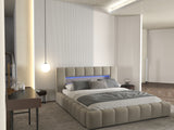 Set Pat dormitor dumonde, tapitat bej cu LED si USB, Palermo 180x200 cm, somiera rabatabila inclusa, spatiu depozitare + saltea