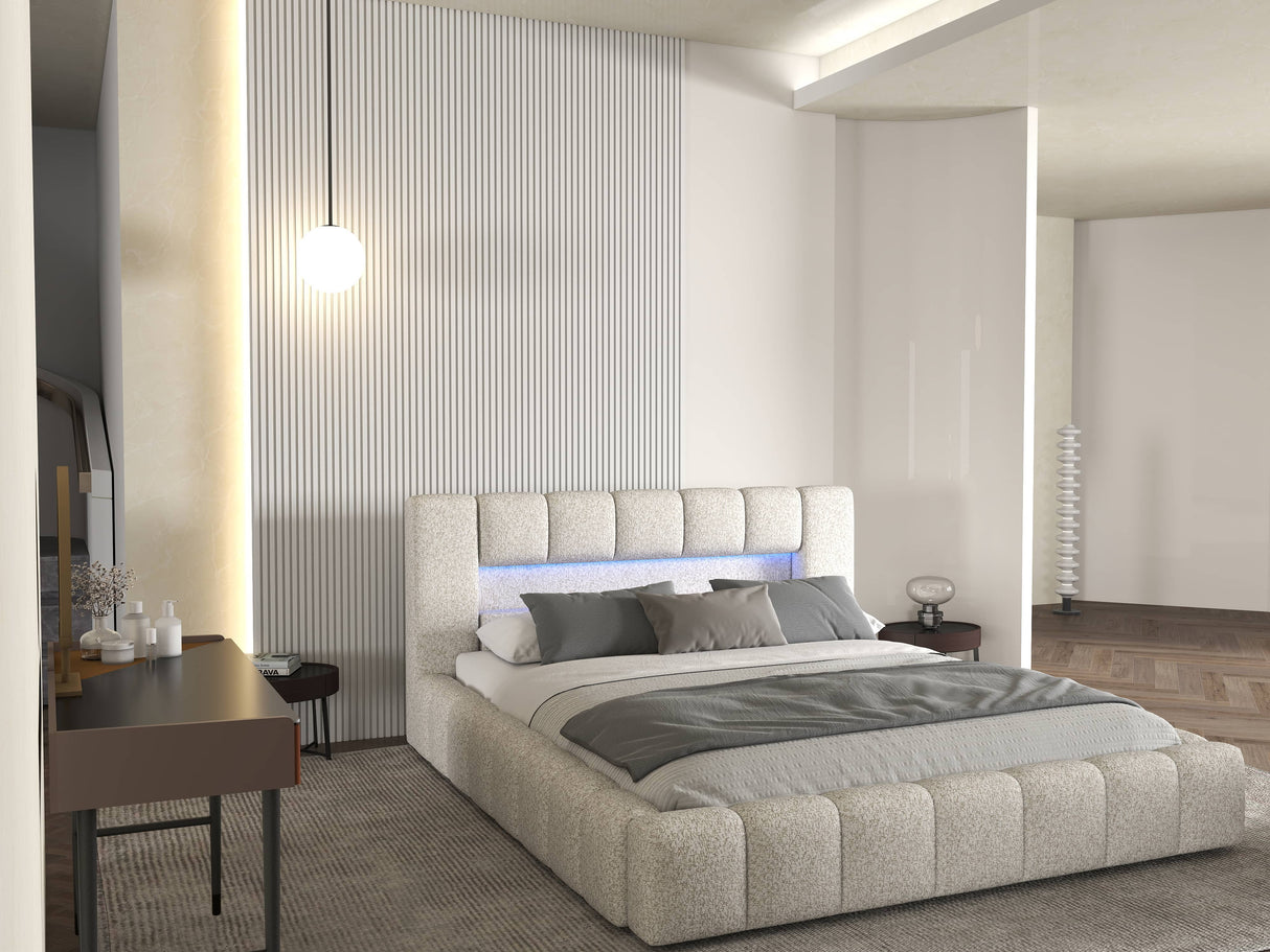 Pat dormitor dumonde, tapitat alb cu LED si USB, Palermo 180x200 cm, somiera rabatabila inclusa, spatiu depozitare WLS
