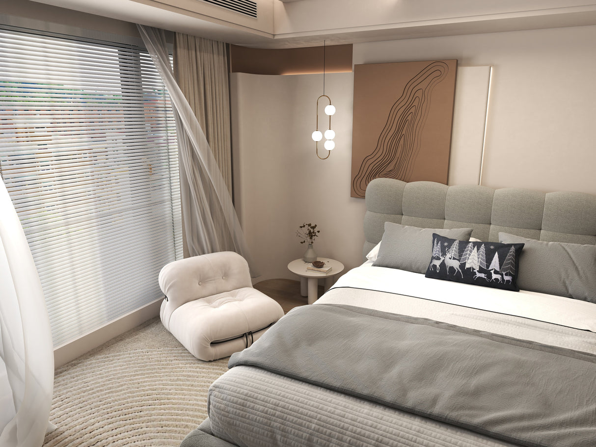 Set Pat dormitor dumonde, tapitat gri cu LED, "floating bed" Cloud 160x200 cm, somiera inclusa + saltea