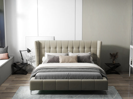 Pat dormitor dumonde, tapitat bej, Bellagio 160x200 cm, somiera fixa inclusa WLS
