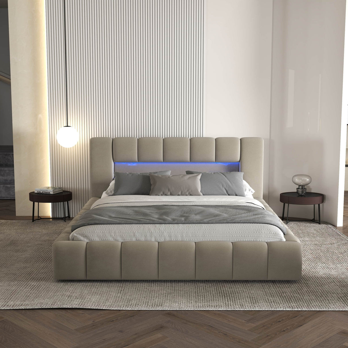 Set Pat dormitor dumonde, tapitat bej cu LED si USB, Palermo 180x200 cm, somiera rabatabila inclusa, spatiu depozitare + saltea