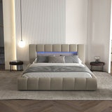 Set Pat dormitor dumonde, tapitat bej cu LED si USB, Palermo 180x200 cm, somiera rabatabila inclusa, spatiu depozitare + saltea