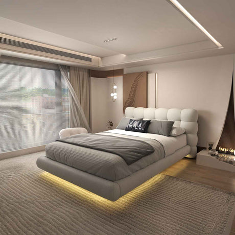 Pat dormitor dumonde, tapitat alb cu LED, "floating bed" Cloud 140x200 cm, somiera inclusa WLS