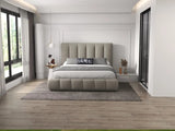 Pat dormitor dumonde, tapitat bej, Divaneo 140x200 cm, somiera rabatabila inclusa, spatiu depozitare