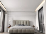 Pat dormitor dumonde, tapitat bej, Divaneo 140x200 cm, somiera rabatabila inclusa, spatiu depozitare