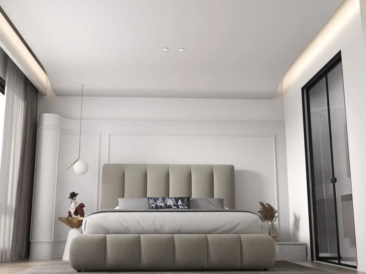 Pat dormitor dumonde, tapitat bej, Divaneo 140x200 cm, somiera rabatabila inclusa, spatiu depozitare