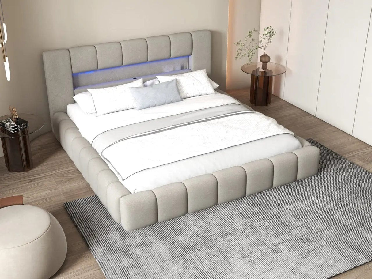 Pat dormitor dumonde, tapitat gri cu LED si USB, Palermo 140x200 cm, somiera rabatabila inclusa, spatiu depozitare