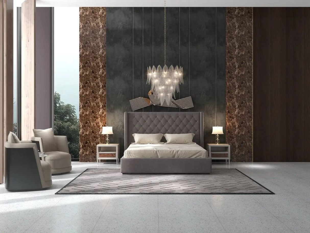 Pat dormitor dumonde, tapitat gri, Luxury 160x200 cm, somiera rabatabila inclusa, spatiu depozitare