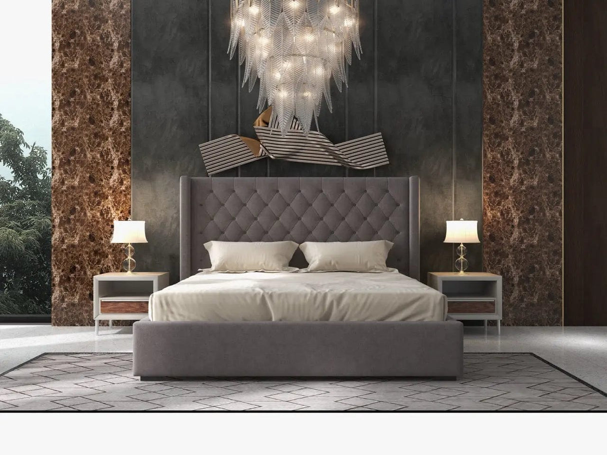 Pat dormitor dumonde, tapitat gri, Luxury 160x200 cm, somiera rabatabila inclusa, spatiu depozitare
