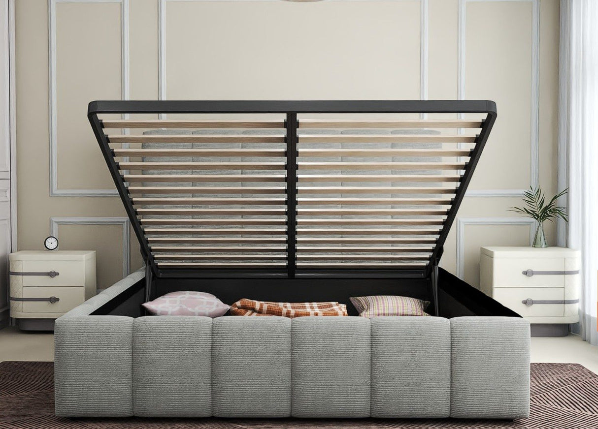 Set Pat dormitor dumonde, tapitat grey, Ambiance 160x200 cm, somiera rabatabila inclusa, spatiu depozitare + saltea