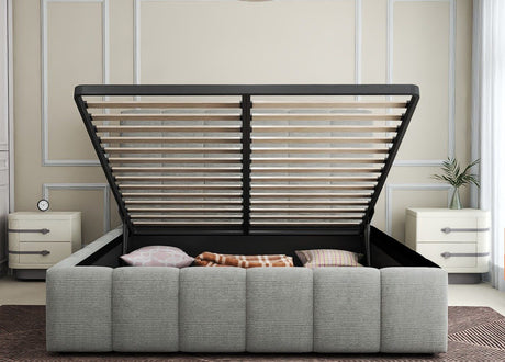 Set Pat dormitor dumonde, tapitat grey, Ambiance 160x200 cm, somiera rabatabila inclusa, spatiu depozitare + saltea