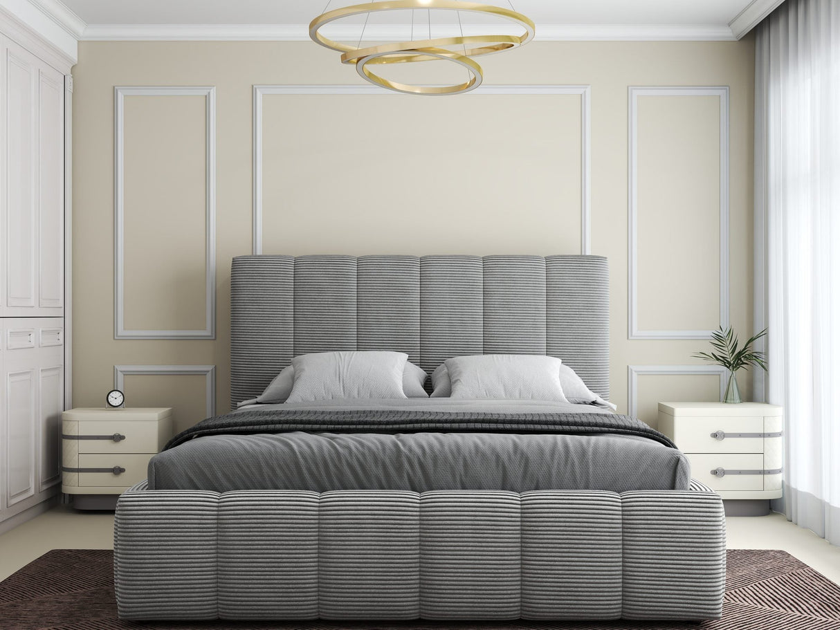 Set Pat dormitor dumonde, tapitat grey, Ambiance 160x200 cm, somiera rabatabila inclusa, spatiu depozitare + saltea