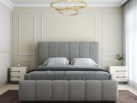 Set Pat dormitor dumonde, tapitat grey, Ambiance 160x200 cm, somiera rabatabila inclusa, spatiu depozitare + saltea
