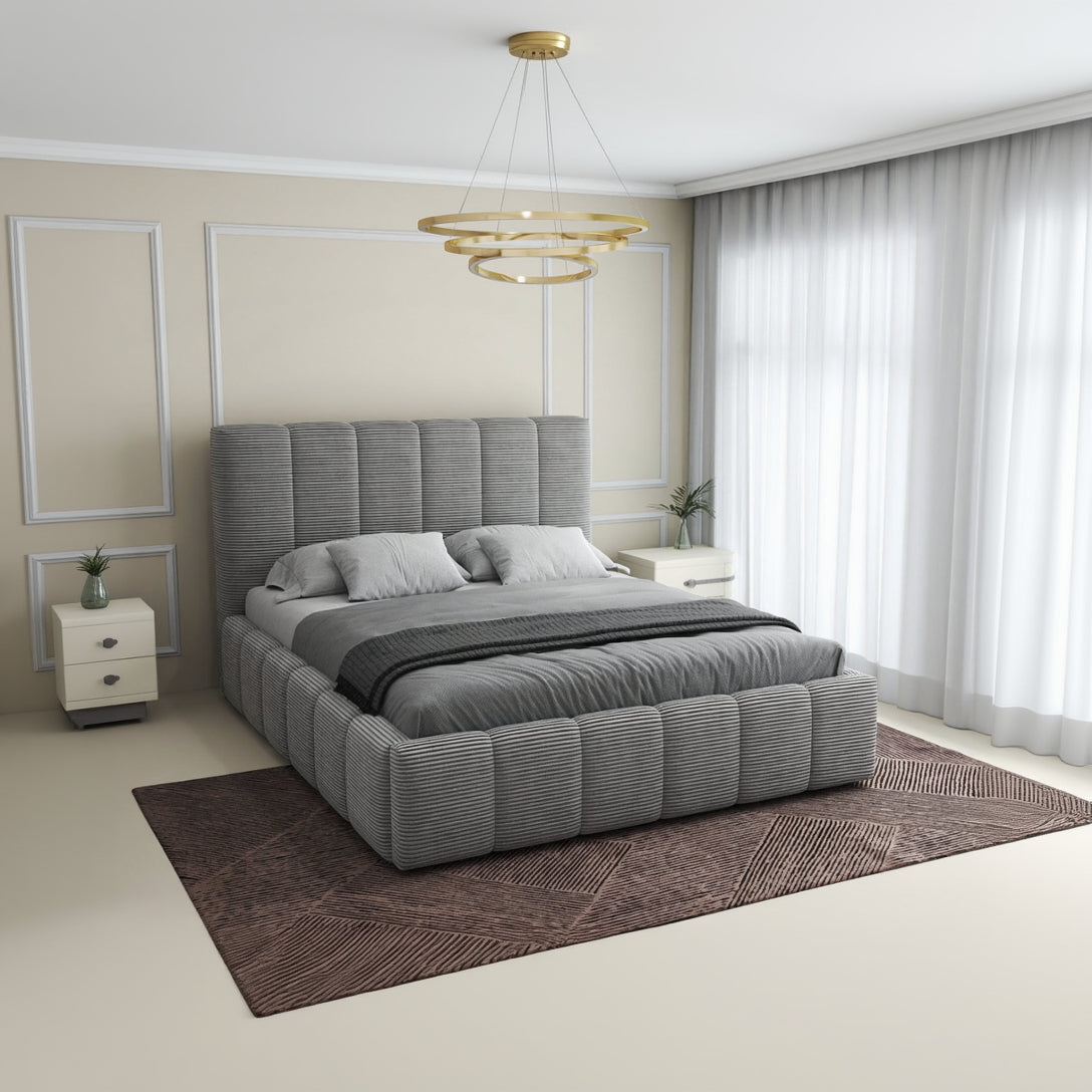 Pat dormitor dumonde, tapitat grey, Ambiance 160x200 cm, somiera rabatabila inclusa, spatiu depozitare