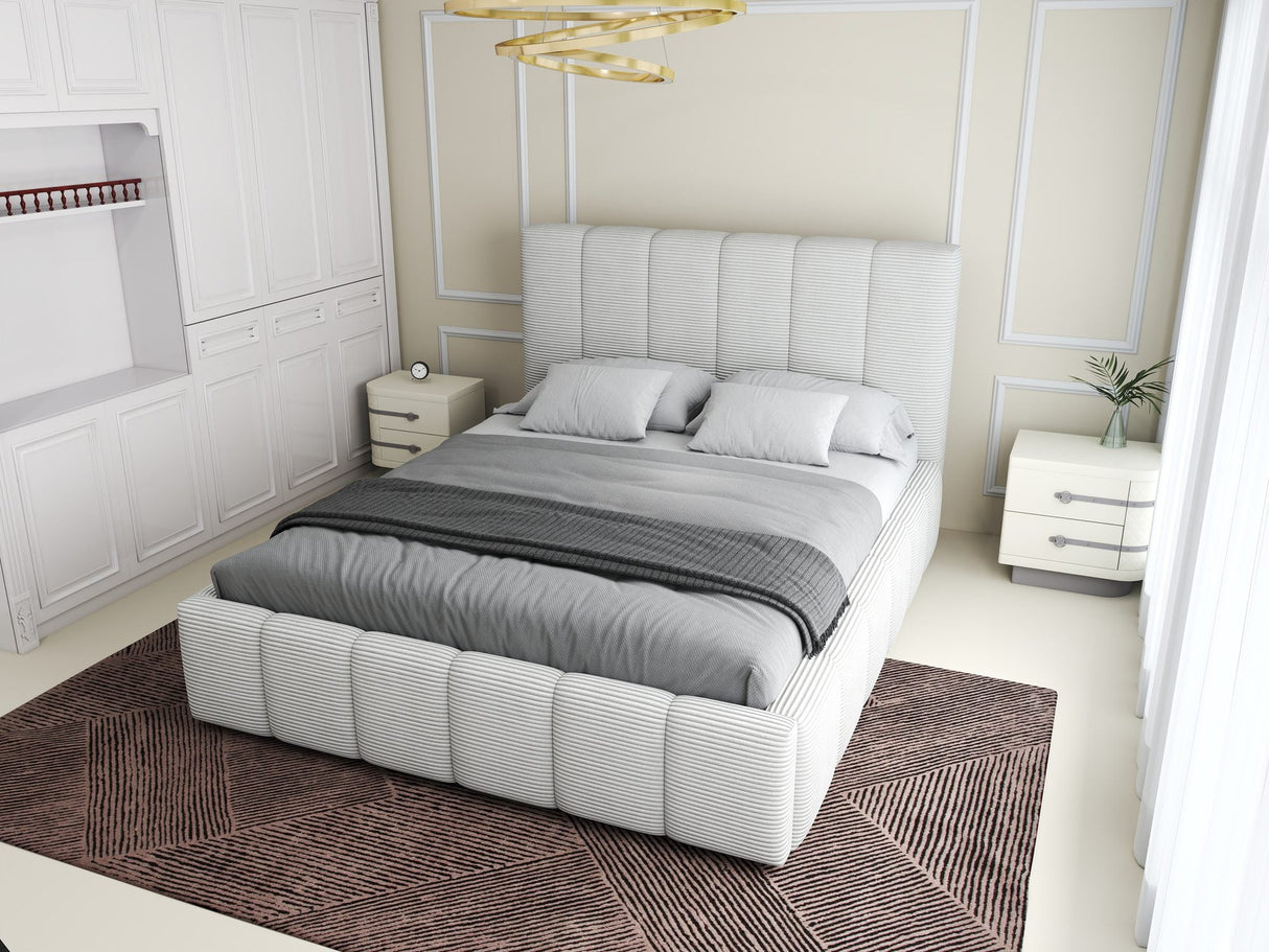 Pat dormitor dumonde, tapitat beige, Ambiance 160x200 cm, somiera rabatabila inclusa, spatiu depozitare