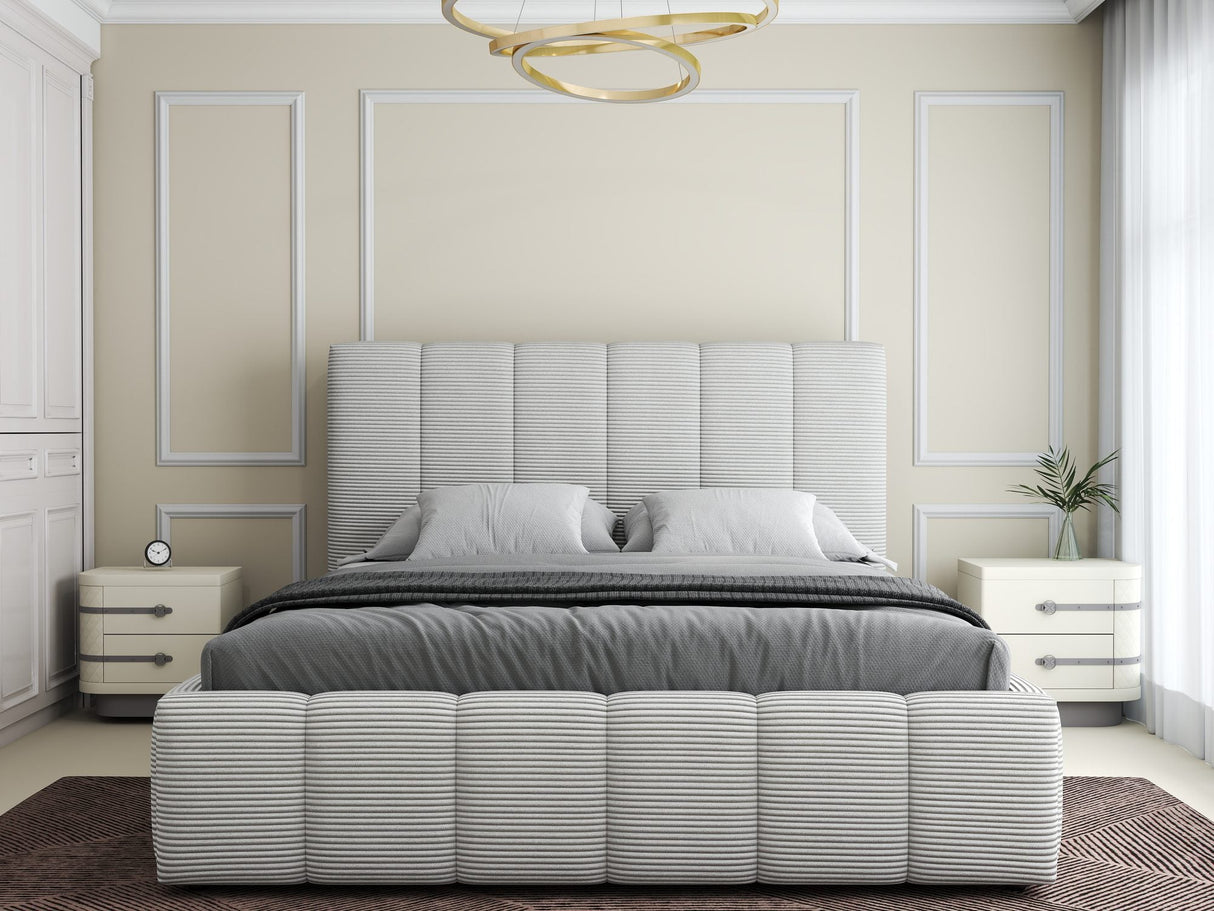 Pat dormitor dumonde, tapitat beige, Ambiance 160x200 cm, somiera rabatabila inclusa, spatiu depozitare