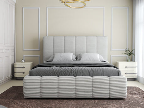 Set Pat dormitor dumonde, tapitat beige, Ambiance 160x200 cm, somiera rabatabila inclusa, spatiu depozitare + saltea