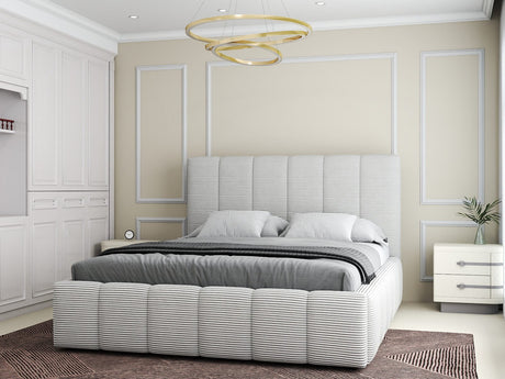 Set Pat dormitor dumonde, tapitat beige, Ambiance 160x200 cm, somiera rabatabila inclusa, spatiu depozitare + saltea