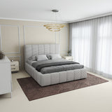 Set Pat dormitor dumonde, tapitat beige, Ambiance 160x200 cm, somiera rabatabila inclusa, spatiu depozitare + saltea