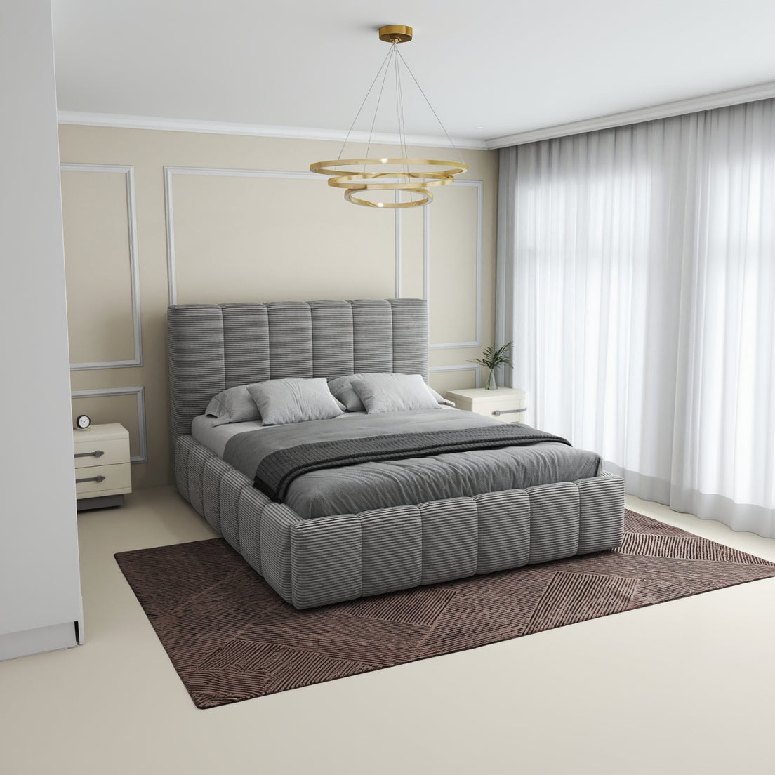 Set Pat dormitor dumonde, tapitat grey, Ambiance 180x200 cm, somiera rabatabila inclusa, spatiu depozitare + saltea