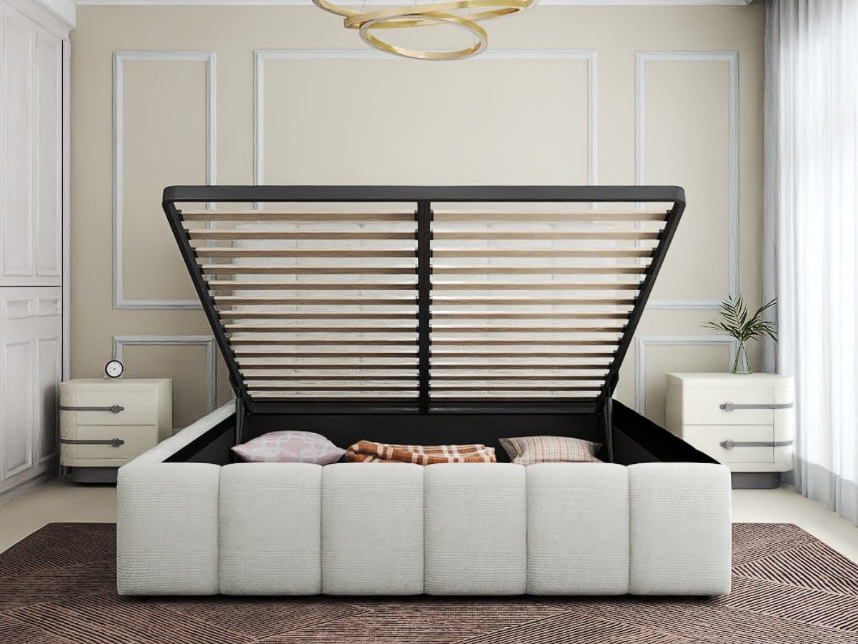 Set Pat dormitor dumonde, tapitat beige, Ambiance 180x200 cm, somiera rabatabila inclusa, spatiu depozitare + saltea