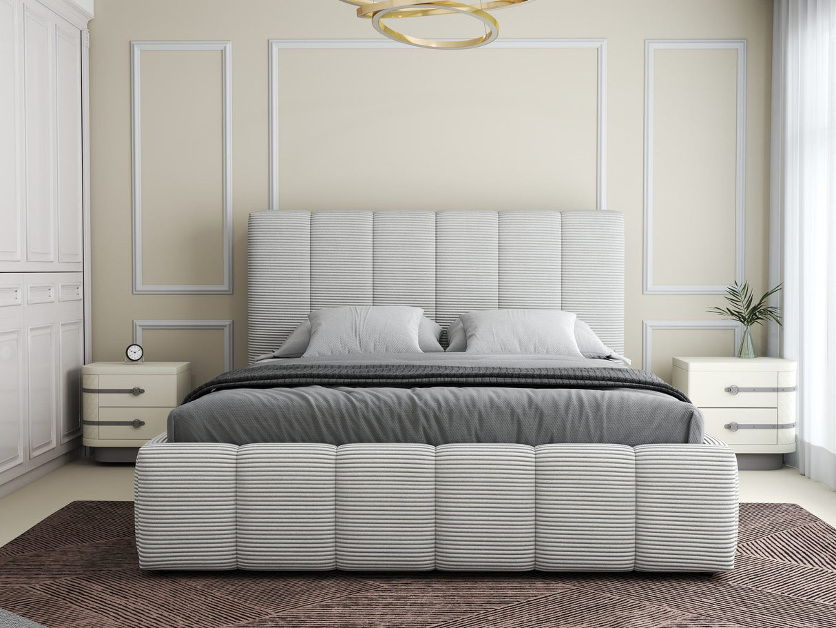 Pat dormitor dumonde, tapitat beige, Ambiance 180x200 cm, somiera rabatabila inclusa, spatiu depozitare
