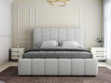 Pat dormitor dumonde, tapitat beige, Ambiance 180x200 cm, somiera rabatabila inclusa, spatiu depozitare