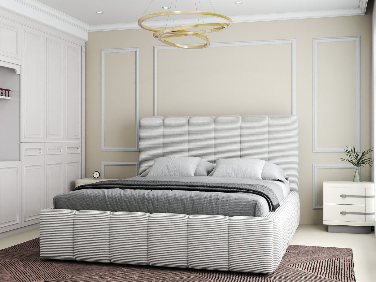 Pat dormitor dumonde, tapitat beige, Ambiance 180x200 cm, somiera rabatabila inclusa, spatiu depozitare