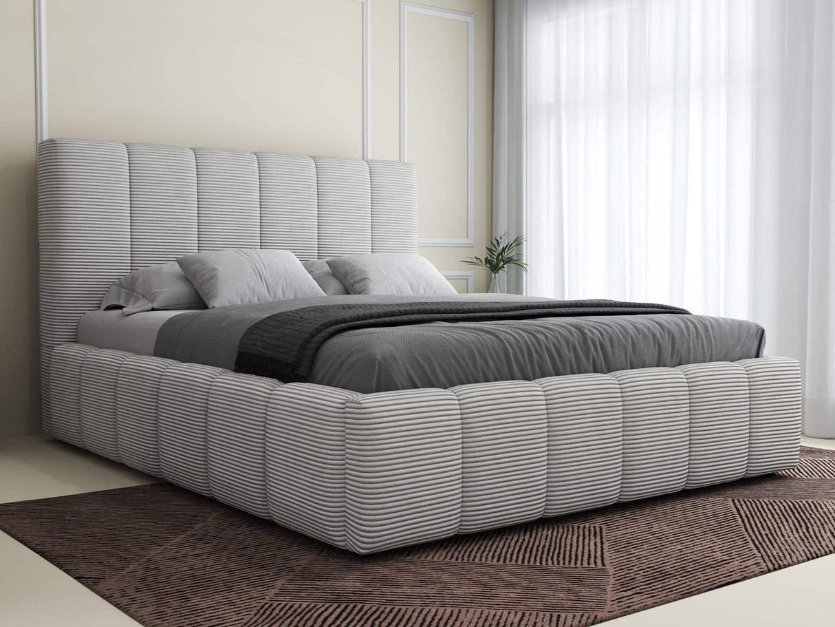 Pat dormitor dumonde, tapitat beige, Ambiance 180x200 cm, somiera rabatabila inclusa, spatiu depozitare