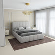 Pat dormitor dumonde, tapitat beige, Ambiance 180x200 cm, somiera rabatabila inclusa, spatiu depozitare