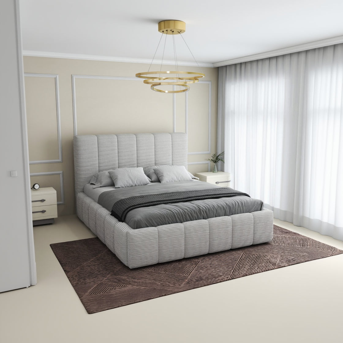 Pat dormitor dumonde, tapitat beige, Ambiance 180x200 cm, somiera rabatabila inclusa, spatiu depozitare