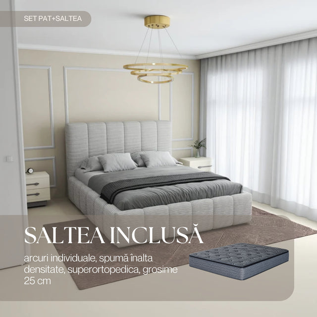 Set Pat dormitor dumonde, tapitat beige, Ambiance 180x200 cm, somiera rabatabila inclusa, spatiu depozitare + saltea