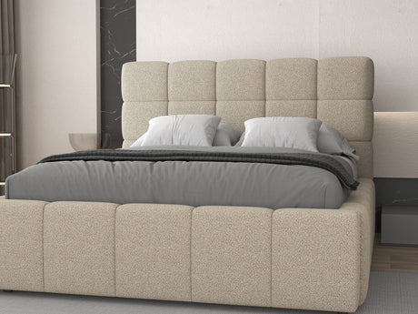 Pat dormitor dumonde, tapitat beige, Armonia 160x200 cm, somiera rabatabila inclusa, spatiu depozitare dumonde