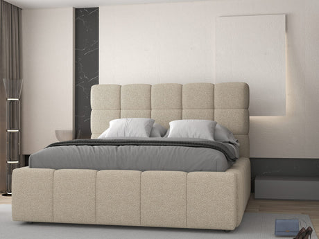 Pat dormitor dumonde, tapitat beige, Armonia 160x200 cm, somiera rabatabila inclusa, spatiu depozitare dumonde