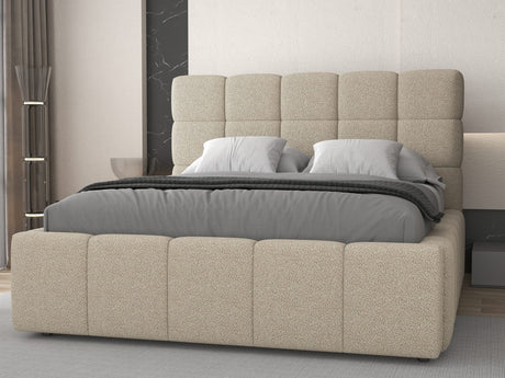 Pat dormitor dumonde, tapitat beige, Armonia 160x200 cm, somiera rabatabila inclusa, spatiu depozitare dumonde